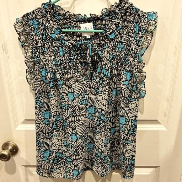 Misa‎ Los Angelos Tie Front Smocked Blue Agot Top size Large - Picture 1 of 10